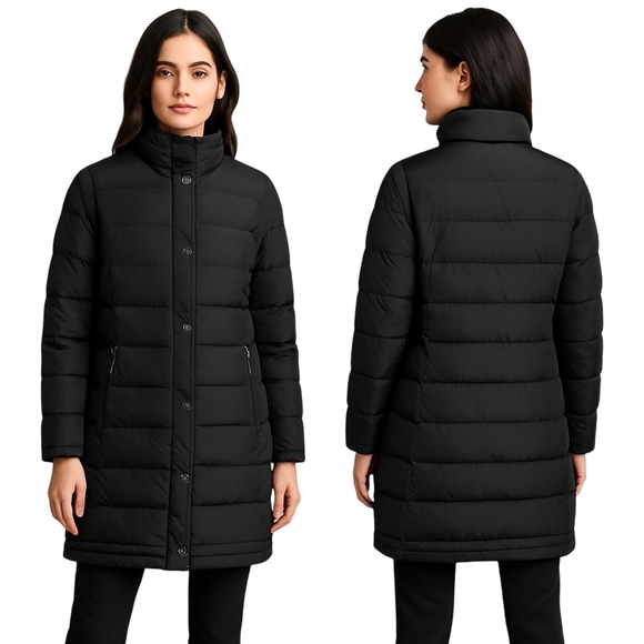 J JILL Puffer Coat Women XS Black Down Long Jacket Winter Warm Minimalist Cozy - Picture 1 of 13